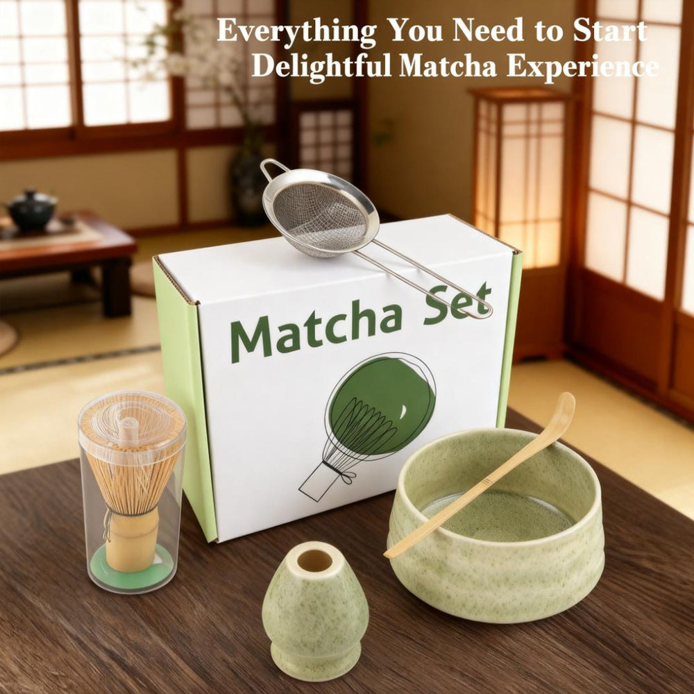 Pink Ceremony 4-Piece Matcha Ceramic Tool Set - Gift Box with Whisk (Chasen), Whisk Holder (Chasen Kuse-Naoshi), Bowl, and Scoop