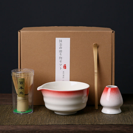 Red and white Complete Matcha Tea Ceremony Set - 4-Piece Japanese Traditional Whisk, Bowl, Whisk Holder & Scoop for Authentic Preparation at Home